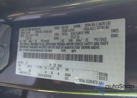 2017 Ford Escape Se z USA, uszkodzony, nr VIN 1FMCU0GD4HUC10160